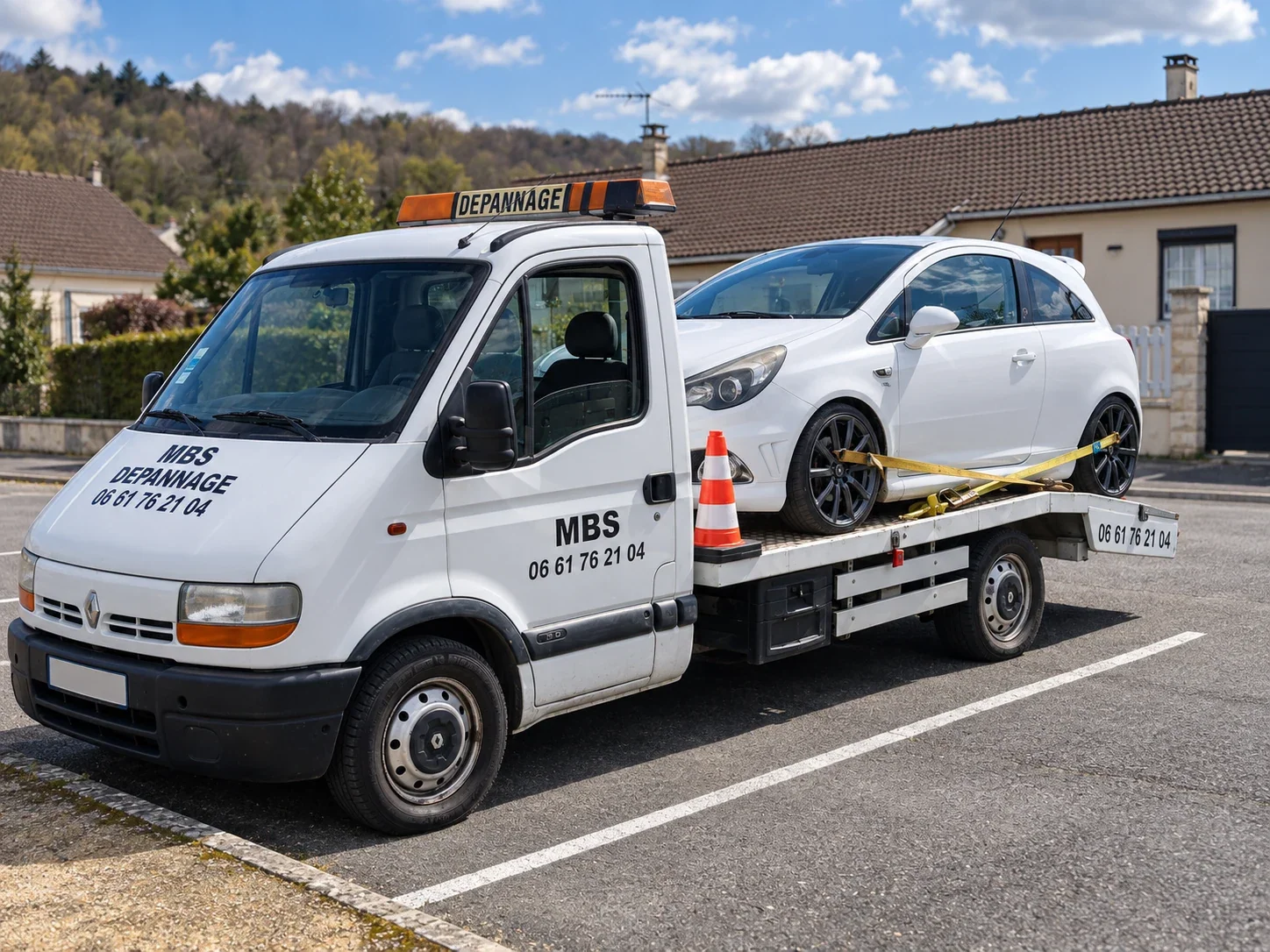 Photo retravaillée du camion MBS avec une Opel Corsa blanche arrimée sur le plateau