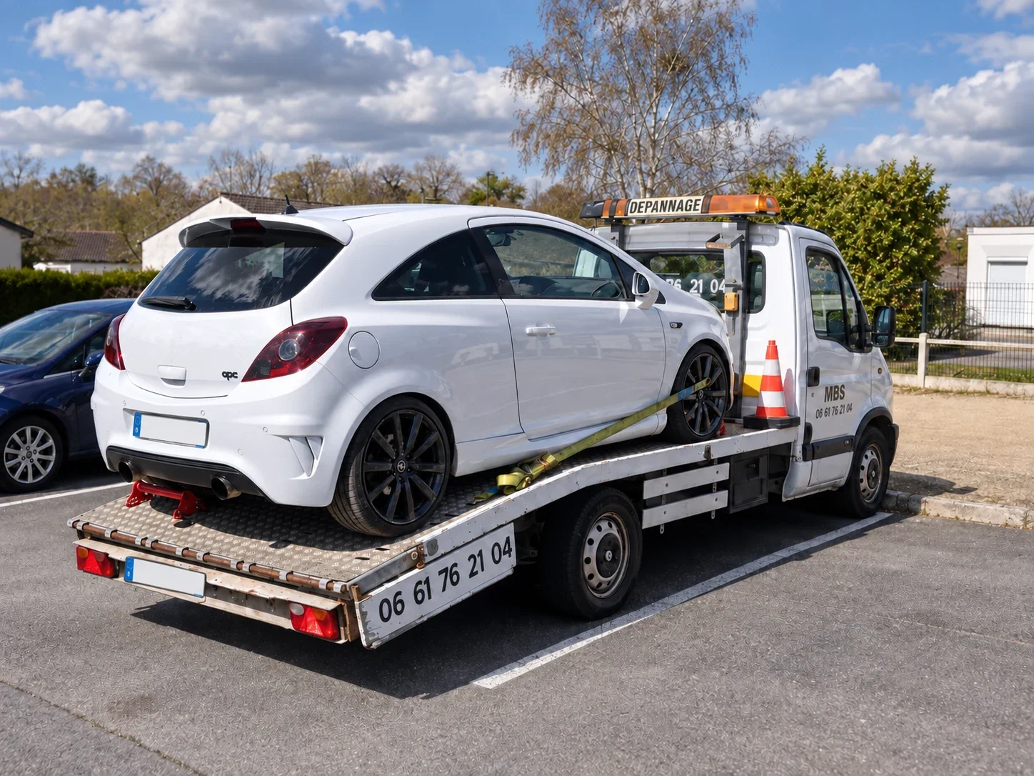 Photo retravaillée de l’Opel Corsa blanche et de ses sangles sur le plateau MBS, vue de l’arrière